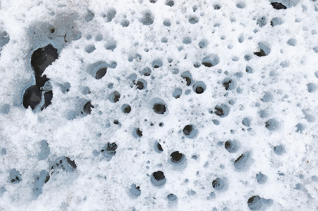 Detail of holes in the surface of the snowy huaytapallana product of global warming