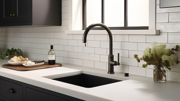 Detail image of a kitchen sink with black faucet