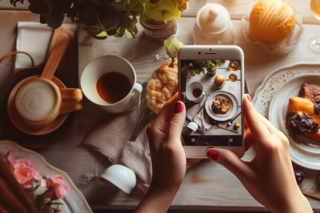 Photo detail of influencer at home with his cell phone at breakfast time at dawn