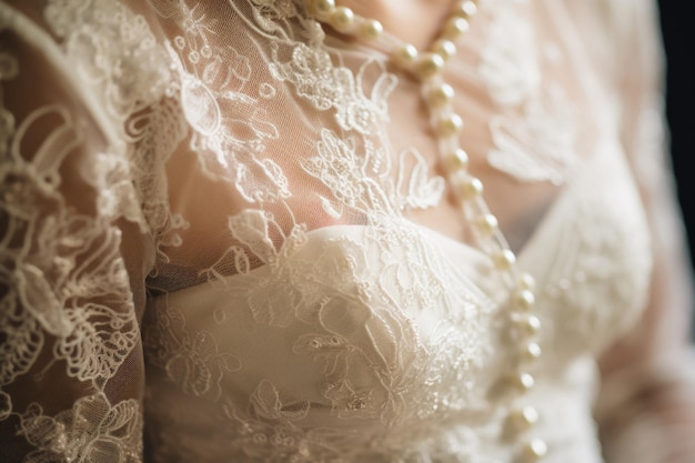 Detail of lace and pearls on a wedding dress