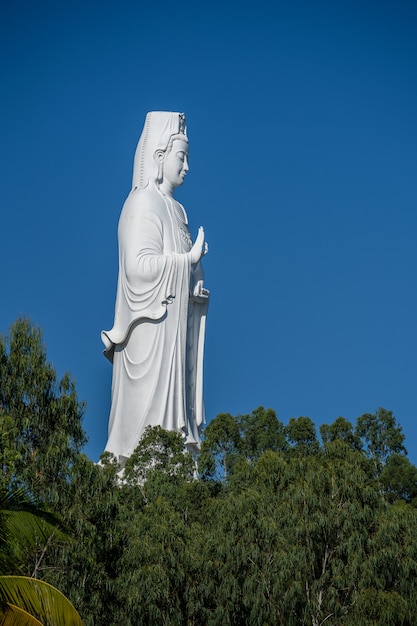 Foto dettaglio della statua di lady buddha in un tempio buddista e cielo blu a danang, vietnam. avvicinamento