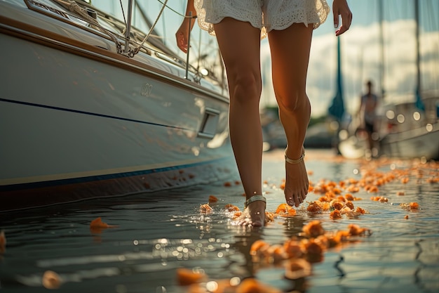 Detail of legs of a woman on luxury boat illustration illustration generative ai