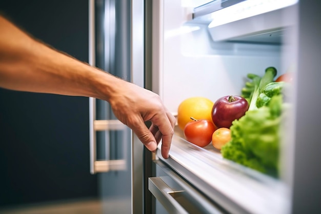Photo detail of a male hand opening the door of a modern refrigerator