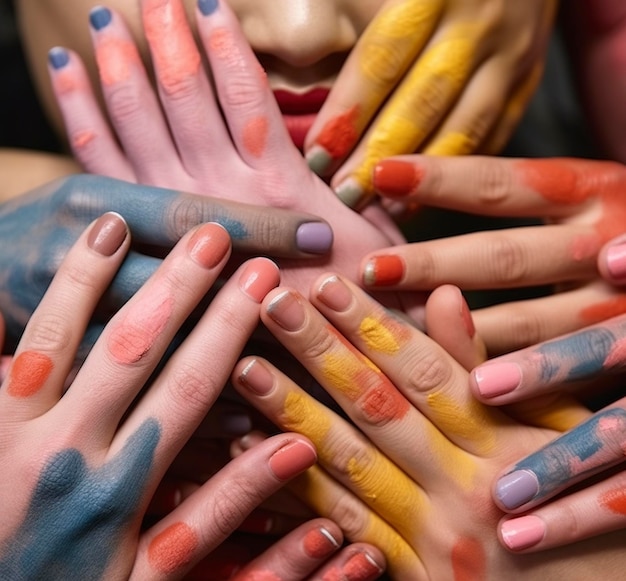 Detail of many hands with fingers painted by a manicurist Ai generated