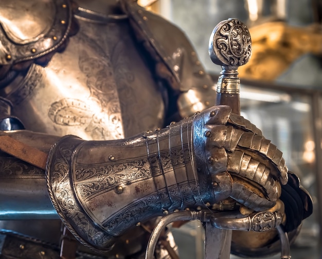 Detail of a Middle age knight armour - 15th Century. Concept for security, safety and protection.