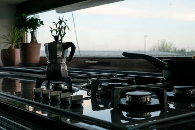 Detail of Mocha on the stove in a kitchen