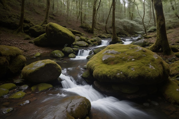 스트림에서 mosscovered 바위의 세부 사항