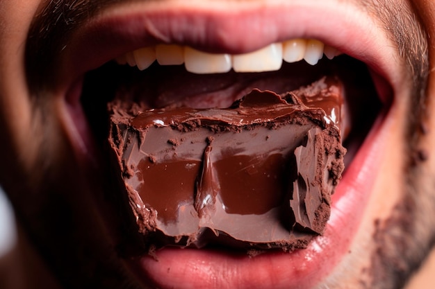 Detail of a mouth enjoying chocolate revealing the unmistakable delight of chocolate addiction