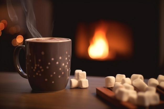 Foto dettaglio di una tazza con cioccolata calda sul tavolo e camino ai generativo