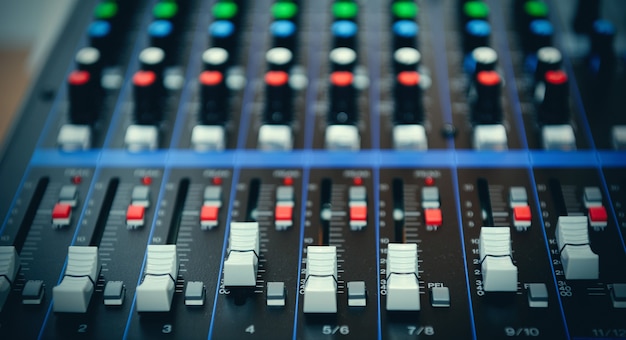 Detail of a music mixer desk with various knobs