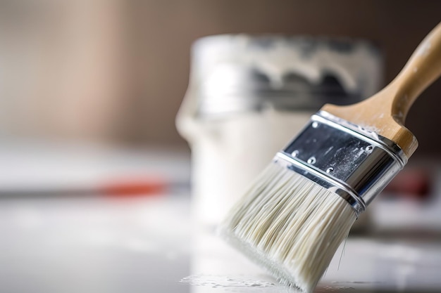 Photo detail of a new brush or paintbrush with a blurred paint can in the background