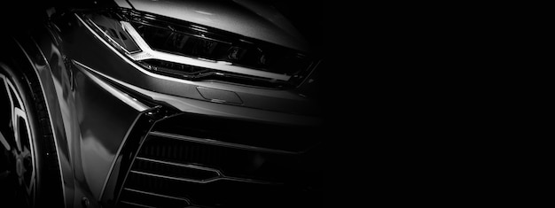 Photo detail on one of the led headlights super car.copy space, black and white, copy space