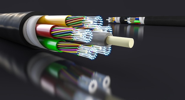 Detail of optical fiber on black background 3d render