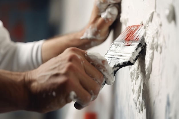 Detail of painter039s hand with thick brush applying paint on white wall