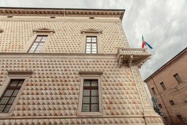 Detail of Palazzo dei Diamanti, a famous historical building in Ferrara in Italy