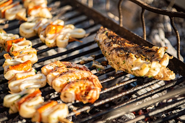 Detail of Piece of fish on the grill with smoke