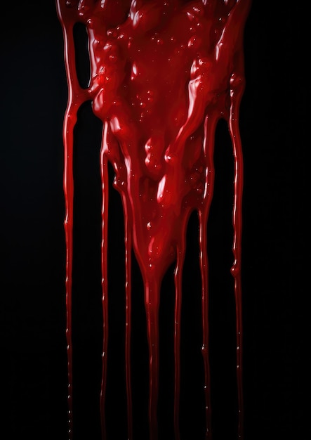 Foto dettaglio su gocce di ketchup di pomodoro rosso che sembrano vero sangue umano generative ai