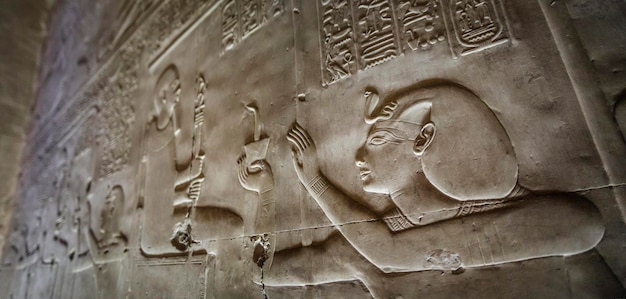 Detail of the relief, drawing with hieroglyphs based on the mythology of ancient Egypt - Temple of Sethy the First at Abydos - Middle Egypt