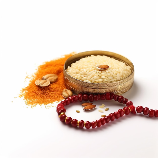 Detail of round white rice grains in bowl on white background