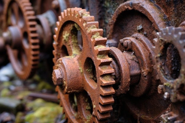 Detail of rusted gears on old farming equipment created with generative ai