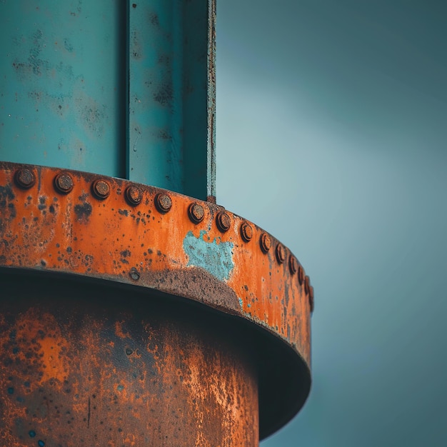 Detail of a rusty metal bridge structure showcasing the interplay of orange rust against a teal blu