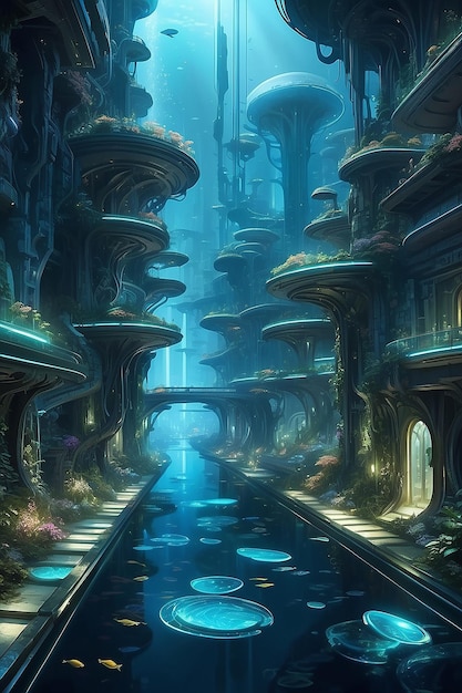 Detail the shimmering bioluminescent pathways winding through the futuristic underwater cityscape