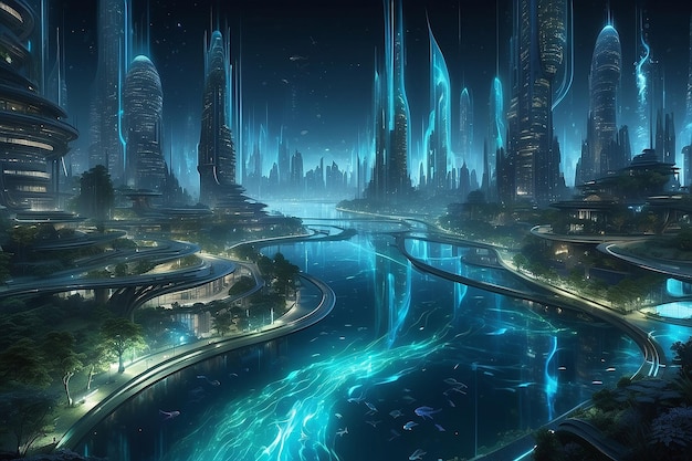 Detail the shimmering bioluminescent pathways winding through the futuristic underwater cityscape