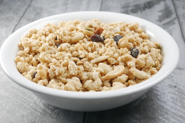 Detail shot of granola Musli in a bowl