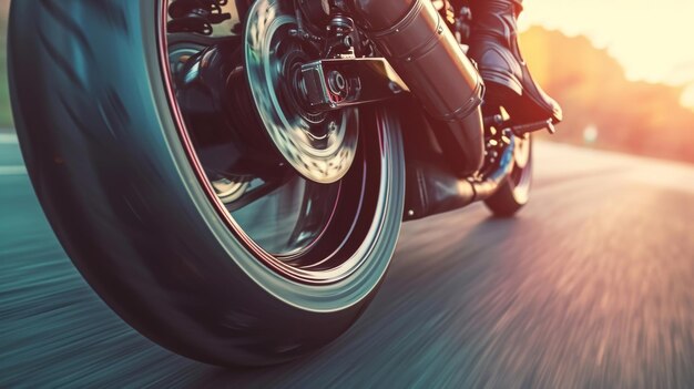 Foto scatto dettagliato di una ruota di moto in movimento con l'attenzione sul modo in cui la gomma abbraccia le curve di