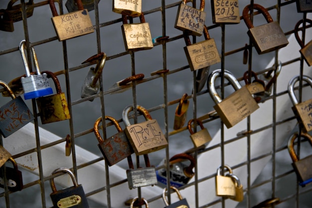 Photo detail shot of padlocks on railing