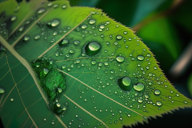 Detail shot of water drops on a green leaf Macro photography of raindrops in nature