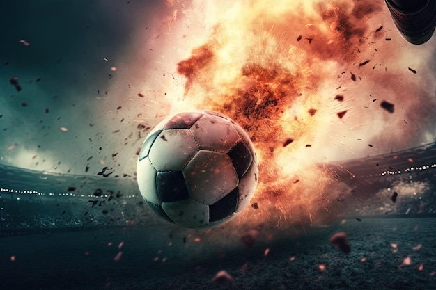 Detail of soccer ball striked in explosion illustration generative ai