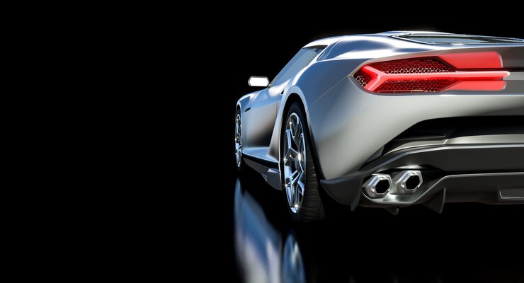 Фотография деталь спортивного автомобиля, увиденного сзади. 3d визуализация.