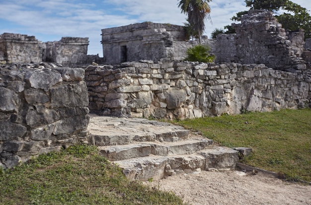 Detail of the stairs of a Mayan temple of the tulum complex in mexico.