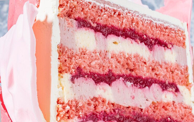 ムース ラズベリー ジャムとピンクのビスケット ケーキ レイヤー バター クリーム グレー背景のディテールとテクスチャー