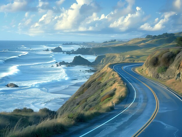 写真 海岸沿いの道路旅行の興奮を詳細に説明し息をむような海の景色を眺める崖っちに沿って曲がります