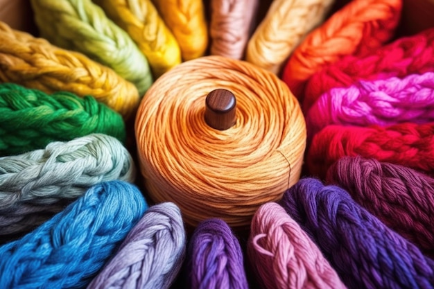 Detail of twisted wool yarns on a spindle