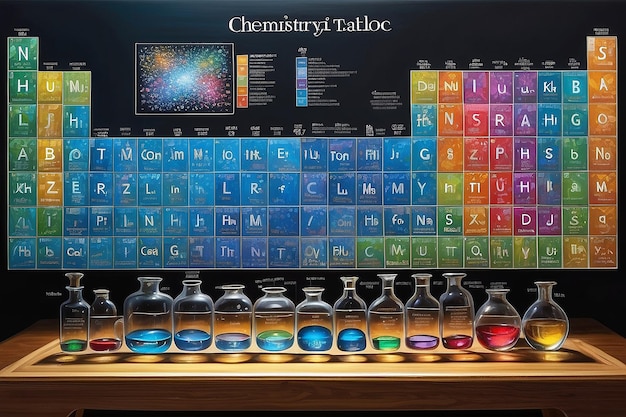 Foto detail van chemisch glas en periodiek systeem