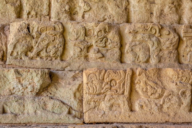 Detail van de tekeningen in de trappen van de beroemdste tempel in Copan Ruinas Honduras