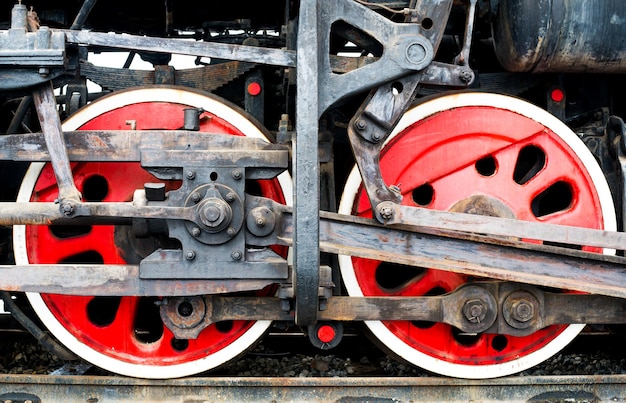 Foto detail van de wielen op een stoomtrein