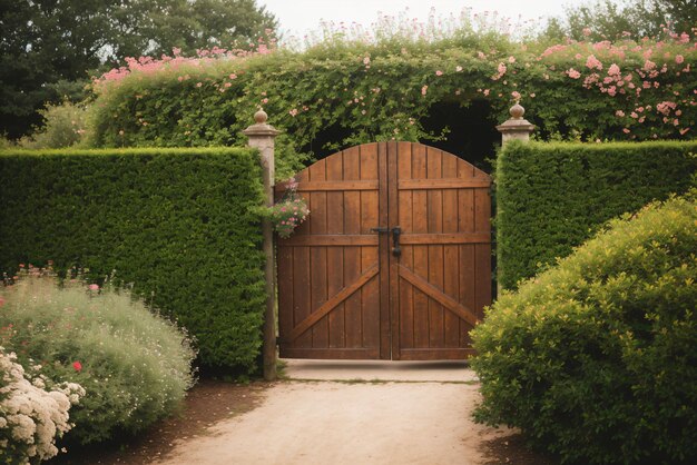 Detail van een roestige tuinpoort tussen bloeiende bloemen