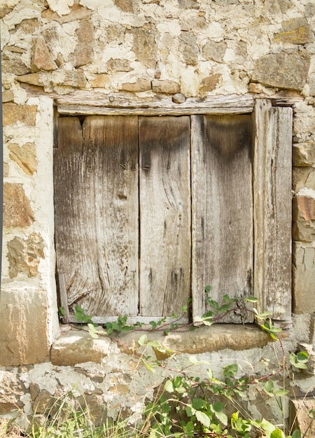 Detail van vintage oude houten poort in een stenen muur