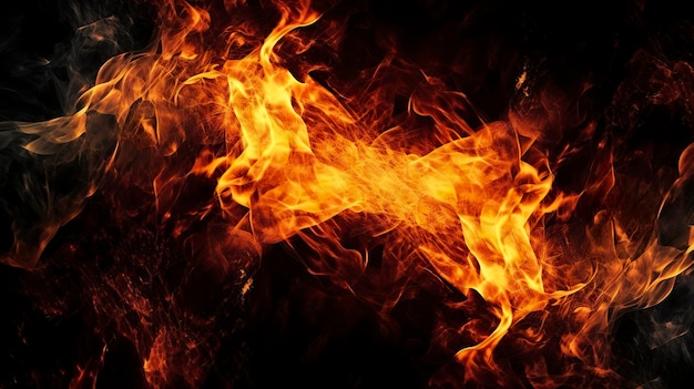 Detail van vuur vonken geïsoleerd op zwarte achtergrond Blaze vuur vlam achtergrond en textuur genereren ai