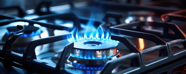 Фото Детальный вид на кухонную газовую плиту с синим пламенем во время приготовления баннерной панорамы generative ai