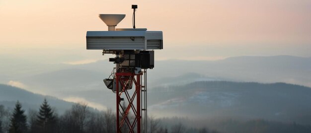 Foto vista dettagliata di un radar per la pioggia o di un radar meteorologico doppler per la misurazione delle precipitazioni nei primi mesi