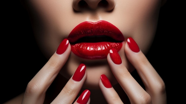 Foto particolare della bocca e delle mani della donna che indossa rossetto rosso e smalto per unghie