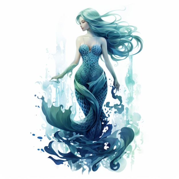 Detailed 2d Water Mermaid Image On White Isolated Background