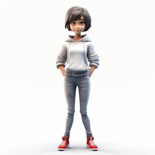 Detailed 3d Cartoon Girl In White Hoodie And Jeans