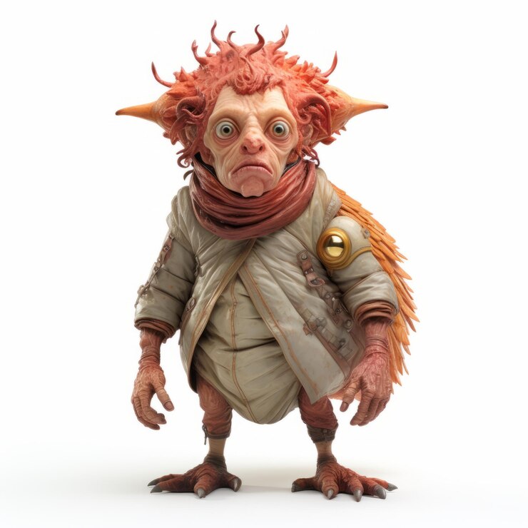Photo detailed 3d goblin character in red coat with expressive facial animation