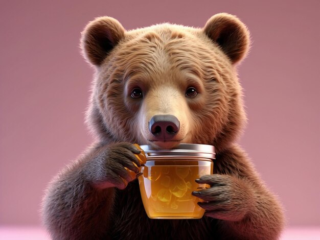 Photo detailed 3d illustration of a baby bear eating honey